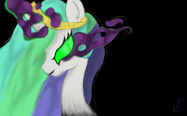 Size: 640x400 | Tagged: safe, artist:copperfern, derpibooru import, princess celestia, alicorn, pony, black background, correstia, corrupted, corrupted celestia, corruptia, dark magic, magic, possessed, possesstia, simple background, solo, sombra eyes