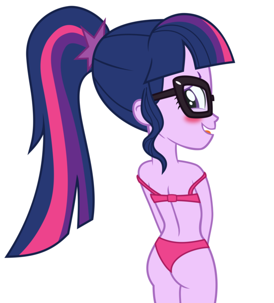 Size: 7979x8833 | Tagged: suggestive, artist:alandssparkle, derpibooru import, sci-twi, twilight sparkle, equestria girls, legend of everfree, ass, blushing, bra, butt, clothes, female, glasses, looking at you, looking back, looking back at you, panties, pink underwear, simple background, solo, solo female, transparent background, twibutt, underwear, vector