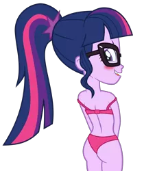 Size: 7979x8833 | Tagged: suggestive, artist:alandssparkle, derpibooru import, sci-twi, twilight sparkle, equestria girls, legend of everfree, ass, blushing, bra, butt, clothes, female, glasses, looking at you, looking back, looking back at you, panties, pink underwear, simple background, solo, solo female, transparent background, twibutt, underwear, vector