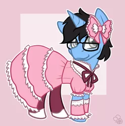 Size: 1012x1024 | Tagged: safe, artist:sabrib, derpibooru import, oc, oc:tinker doo, unofficial characters only, unicorn, blushing, bow, clothes, crossdressing, dress, glasses, lolita fashion, male