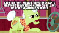 Size: 600x337 | Tagged: back in my day, caption, derpibooru import, edit, edited screencap, granny smith, image macro, safe, screencap, solo, text, where the apple lies