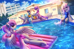 Size: 4000x2652 | Tagged: suggestive, artist:atlas-66, derpibooru import, sassaflash, sea swirl, seafoam, oc, oc:eula phi, oc:windbreaker, pegasus, pony, semi-anthro, unicorn, ass, belly button, bikini, building, butt, clothes, drink, female, floaty, frog (hoof), hooves, inflatable, looking at you, lying down, one-piece swimsuit, open-back swimsuit, prone, school, sexy, sitting, summer, sunscreen, swimming pool, swimsuit, tile, underhoof, water