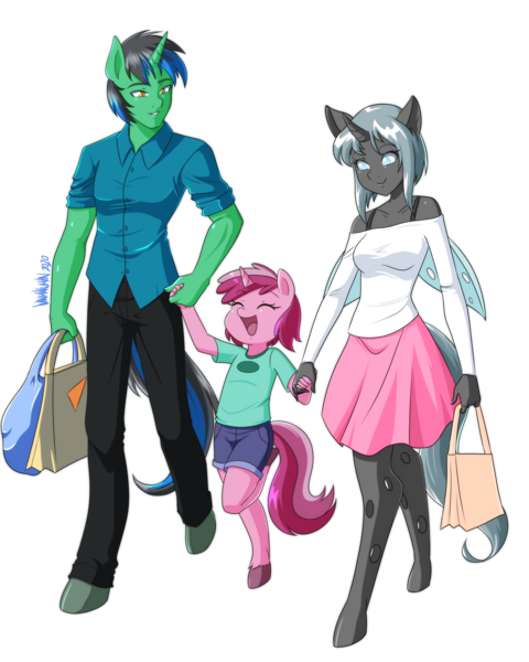 Size: 3600x4500 | Tagged: anthro, artist:danmakuman, clothes, commission, derpibooru import, eyes closed, family, oc, oc:greg green, pants, queen chrysalis, ruby pinch, safe, shorts, simple background, skirt, smiling, transparent background, unofficial characters only, wholesome