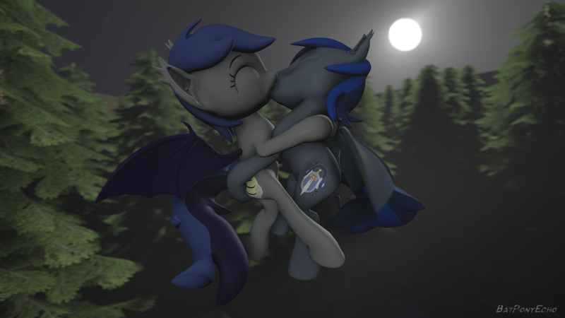 Size: 1280x720 | Tagged: safe, alternate version, artist:batponyecho, derpibooru import, oc, oc:echo, oc:fang, unofficial characters only, bat pony, pony, 3d, bat pony oc, bat wings, commission, cutie mark, eyes closed, female, flying, forest, kissing, male, mare, moon, night, oc x oc, shipping, source filmmaker, spread wings, stallion, straight, tail, tree, wings, ych result