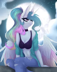 Size: 738x924 | Tagged: alicorn, anthro, artist:elektra-gertly, belly button, bellyring, black bra, bra, breasts, busty princess celestia, choker, cleavage, clothes, colored wings, derpibooru import, female, jeans, large ears, looking at something, mare, midriff, moon, multicolored wings, pants, piercing, ponytail, princess celestia, solo, solo female, sports bra, suggestive, torn clothes, torn jeans, underwear, wings