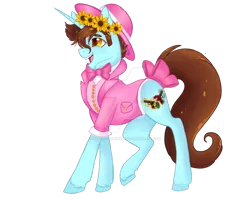 Size: 1920x1538 | Tagged: safe, artist:nightingalewolfie, derpibooru import, oc, oc:minty hooves, unicorn, clothes, floral head wreath, flower, hat, male, simple background, solo, stallion, transparent background