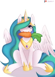 Size: 2894x4093 | Tagged: safe, artist:chickenbrony, artist:cottonaime, derpibooru import, princess celestia, alicorn, pony, :3, carrot, crown, cute, cutelestia, daaaaaaaaaaaw, female, food, hair over one eye, herbivore, jewelry, looking at you, mare, mouth hold, nom, regalia, sitting, smiling, solo, spread wings, wing fluff, wings