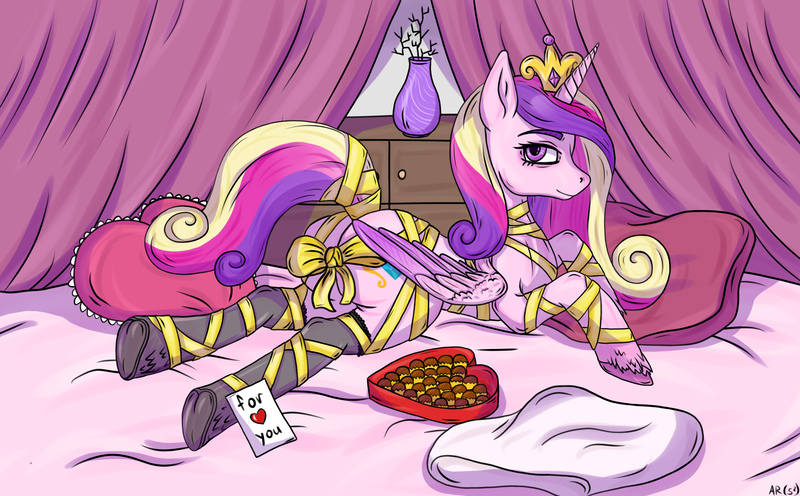 Size: 3000x1860 | Tagged: suggestive, alternate version, artist:ambiguous_rufioh, derpibooru import, princess cadance, alicorn, pony, bed, bedroom, bedroom eyes, bondage, bow, box, box of chocolates, butt, chocolate, clothes, commission, crown, curtains, drawer, female, femsub, food, frog (hoof), gift wrapped, heart, jewelry, looking at you, lovebutt, mare, note, paper, pillow, plot, regalia, ribbon, socks, solo, solo female, stockings, submissive, thigh highs, underhoof, unshorn fetlocks, vase, ych result