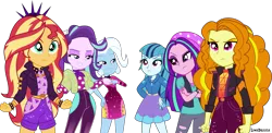 Size: 6161x3000 | Tagged: safe, artist:limedazzle, derpibooru import, adagio dazzle, aria blaze, sonata dusk, starlight glimmer, sunset shimmer, trixie, equestria girls, absurd resolution, beanie, clothes, clothes swap, counterparts, group, hat, jacket, pants, role reversal, simple background, skirt, the dazzlings, torn clothes, transparent background, trio, twilight's counterparts, vector