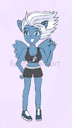 Size: 808x1436 | Tagged: safe, artist:fude-chan-art, derpibooru import, night glider, equestria girls, clothes, equestria girls-ified, exeron fighters, exeron outfit, martial arts kids, martial arts kids outfits, pegasus wings, ponied up, pony ears, shoes, shorts, sneakers, sports bra, sports shoes, sports shorts, wings