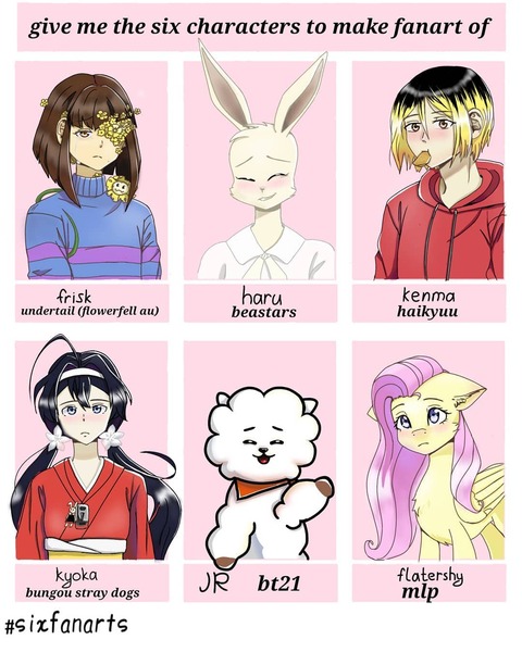 Size: 1080x1349 | Tagged: safe, artist:_niko._.art_, derpibooru import, fluttershy, human, pegasus, pony, rabbit, sheep, six fanarts, animal, anthro with ponies, athro, beastars, blushing, bt21, bungou stray dogs, bust, clothes, crossover, female, flower, flowey, haikyuu, haru (beastars), kenma kozume, kyouka izumi, mare, smiling, undertale, waving