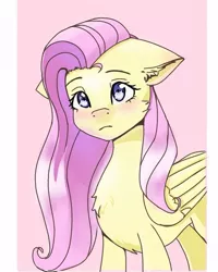 Size: 506x631 | Tagged: safe, alternate version, artist:_niko._.art_, derpibooru import, fluttershy, pegasus, pony, bust, cheek fluff, chest fluff, ear fluff, female, floppy ears, folded wings, looking at you, mare, solo, standing, three quarter view, wings