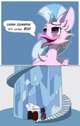 Size: 1200x1889 | Tagged: safe, artist:starrypallet, derpibooru import, king sombra, silverstream, hippogriff, pony, unicorn, female, funny, king sombra's stair dimension, male, shipping, sombrastream, speech bubble, stairs, stallion, straight, text, that hippogriff sure does love stairs, that pony sure does love stairs