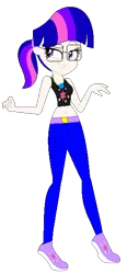 Size: 278x601 | Tagged: alternate hairstyle, artist:azura-bases, artist:mlp-lolada, base used, bedroom eyes, belly button, belt, clothes, derpibooru import, female, glasses, grin, human, humanized, jeans, midriff, pants, safe, shoes, simple background, smiling, solo, sports bra, tanktop, transparent background, twilight sparkle