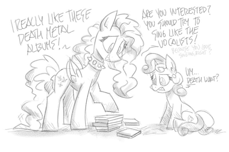 Size: 2104x1398 | Tagged: safe, artist:flutterthrash, derpibooru import, fluttershy, sweetie belle, pegasus, pony, unicorn, atg 2020, choker, chokershy, dialogue, duo, female, filly, mare, metalshy, monochrome, newbie artist training grounds, simple background, spiked choker, traditional art, white background