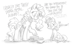 Size: 2104x1398 | Tagged: safe, artist:flutterthrash, derpibooru import, fluttershy, sweetie belle, pegasus, pony, unicorn, atg 2020, choker, chokershy, dialogue, duo, female, filly, mare, metalshy, monochrome, newbie artist training grounds, simple background, spiked choker, traditional art, white background