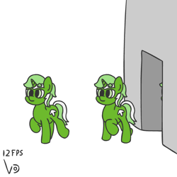 Size: 800x800 | Tagged: safe, artist:vohd, derpibooru import, oc, oc:downvote, oc:upvote, ponified, earth pony, pony, unicorn, derpibooru, animated, derpibooru ponified, downvote, frame by frame, meta, one of these things is not like the others, simple background, upvote, walking