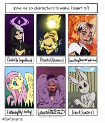 Size: 1080x1272 | Tagged: safe, artist:kandiedpastels, derpibooru import, fluttershy, anthro, butterfly, human, pegasus, pikachu, pony, rabbit, six fanarts, :d, animal, anthro with ponies, beastars, bust, clothes, crossover, electricity, entrapta, female, grass, gwen stacy, haru (beastars), mare, open mouth, peace sign, pokémon, she-ra and the princesses of power, smiling, spider-man, spider-man: into the spider-verse, the dragon prince