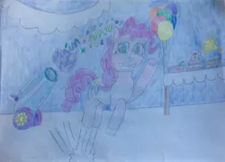 Size: 1675x1208 | Tagged: safe, artist:myoozik, derpibooru import, part of a set, pinkie pie, earth pony, pony, balloon, banner, blue eyes, breaking the fourth wall, cake, confetti, cutie mark, female, food, gramophone, grin, ladle, looking at you, mare, party, party cannon, photo, pink hair, pronking, punch (drink), punch bowl, record player, sketchbook, smiling, solo, streamers, table, traditional art, waving