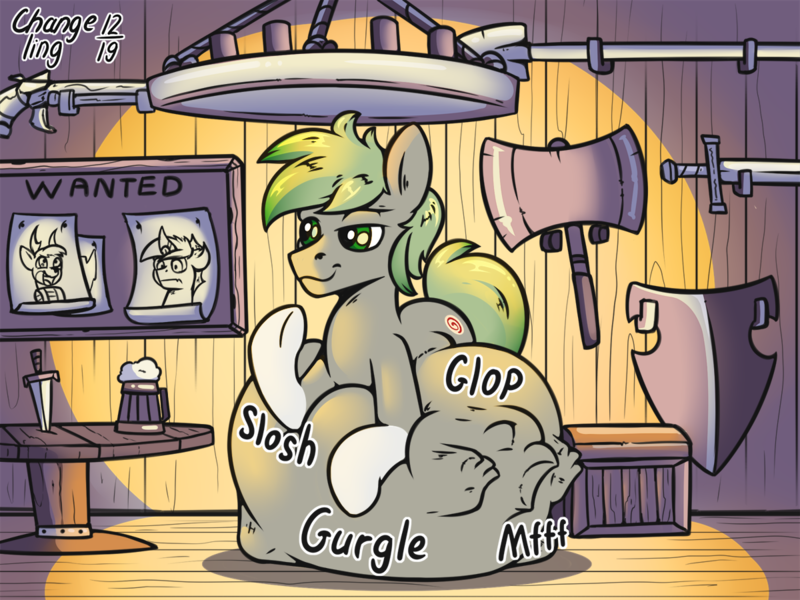 Size: 1200x900 | Tagged: questionable, semi-grimdark, artist:change, derpibooru import, oc, oc:chocolate chip, unofficial characters only, earth pony, hippogriff, pony, axe, beer mug, belly, belly bed, big belly, digestion, gun, huge belly, impossibly large belly, knife, male, male pred, shield, solo, solo male, stomach noise, sword, vore, wanted poster, weapon