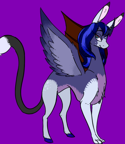 Size: 402x463 | Tagged: artist:esmeia, derpibooru import, draconequus, draconequus oc, female, hybrid, interspecies offspring, oc, offspring, parent:discord, parent:princess luna, parents:lunacord, purple background, safe, simple background, solo, unofficial characters only