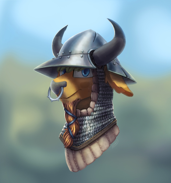 Size: 2703x2892 | Tagged: safe, artist:helmie-art, derpibooru import, oc, oc:hard cider, bust, gambeson, helmet, horns, nose piercing, nose ring, piercing, portrait