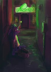 Size: 1416x2000 | Tagged: safe, artist:overlord pony, derpibooru import, oc, oc:mix tape, unofficial characters only, hybrid, mule, unicorn, alleyway, box, city, homeless, muleicorn, neon, neon sign, night, redraw, sad, scenery, solo, storefront, tennis ball