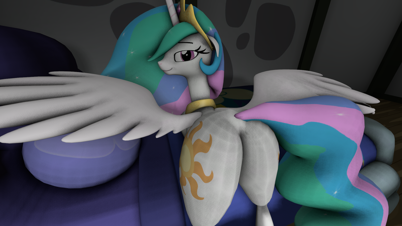 Size: 1920x1080 | Tagged: 3d, artist:acid flask, bed, butt, derpibooru import, floppy ears, looking at you, looking back, looking back at you, plot, princess celestia, smiling, spread wings, suggestive, sunbutt, wings