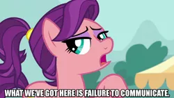 Size: 1280x720 | Tagged: safe, derpibooru import, edit, edited screencap, editor:jaredking203, screencap, spoiled rich, earth pony, pony, where the apple lies, caption, cool hand luke, female, image macro, mare, meme, movie reference, reference, solo, spoiled milk, text, younger