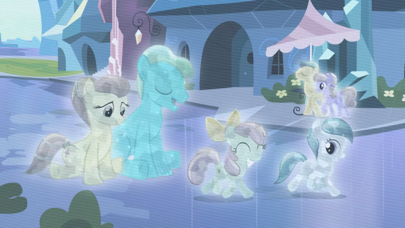 Size: 2000x1125 | Tagged: safe, derpibooru import, screencap, bright smile, castle (crystal pony), fleur de verre, glass slipper, ivory, ivory rook, opal bloom, crystal pony, pony, the crystal empire, crystallized, eyes closed, female, filly, foal, male, mare, stallion