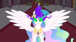 Size: 2000x1124 | Tagged: safe, derpibooru import, screencap, princess celestia, alicorn, pony, the crystal empire, dark magic, ethereal mane, female, glowing horn, horn, magic, mare, peytral, possessed, possesstia, solo, sombra eyes, spread wings, wings