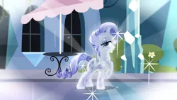Size: 2000x1125 | Tagged: safe, derpibooru import, screencap, rarity, crystal pony, pony, the crystal empire, alternate hairstyle, crystal rarity, crystallized, ear piercing, earring, grin, jewelry, lidded eyes, outfit catalog, piercing, raised hoof, smiling, solo, sparkles