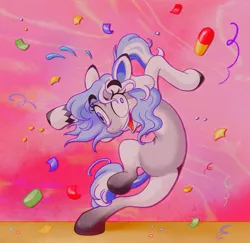 Size: 1448x1408 | Tagged: safe, artist:littmosa, derpibooru import, oc, oc:lynxie, earth pony, pony, commission, confetti, crazy face, dancing, derp, faic, open mouth, pills, pink background, simple background, smiling