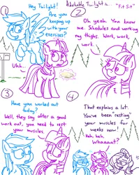 Size: 4779x6013 | Tagged: safe, artist:adorkabletwilightandfriends, derpibooru import, rainbow dash, starlight glimmer, twilight sparkle, twilight sparkle (alicorn), alicorn, pegasus, pony, unicorn, comic:adorkable twilight and friends, adorkable, adorkable twilight, called out, caught, caught red hooved, comic, cute, dork, exercise, female, flying, humor, inconvenient starlight, magic, mail, mailbox, mare, outdoors, teased, vague