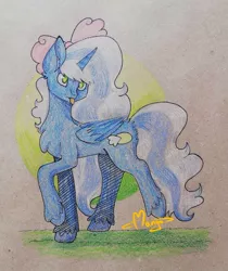 Size: 820x975 | Tagged: safe, artist:mangothepony, derpibooru import, oc, oc:fleurbelle, alicorn, :p, adorabelle, alicorn oc, bow, chest fluff, cute, ear fluff, female, hair bow, horn, mare, pretty, tongue out, traditional art, unshorn fetlocks, wings, yellow eyes