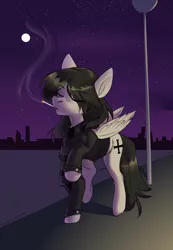 Size: 1920x2778 | Tagged: safe, artist:fire_hyena, derpibooru import, ponified, pegasus, pony, cigarette, city, cityscape, clothes, commission, eye clipping through hair, eyebrows visible through hair, eyes closed, folded wings, gerard way, jacket, male, moon, mouth hold, my chemical romance, night, night sky, raised hoof, raised leg, scarf, sky, smoke, smoking, stallion, stars, street, tattered, tattered wings, walking, wings, ych result