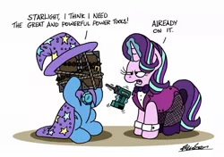 Size: 1024x721 | Tagged: safe, artist:bobthedalek, derpibooru import, starlight glimmer, trixie, unicorn, assistant, assistant's outfit, atg 2020, box, chains, clothes, drill, fail, female, lock, magic, magic show, mare, newbie artist training grounds, padlock, power drill, rope, starlight is not amused, this will end in tears, this will not end well, unamused