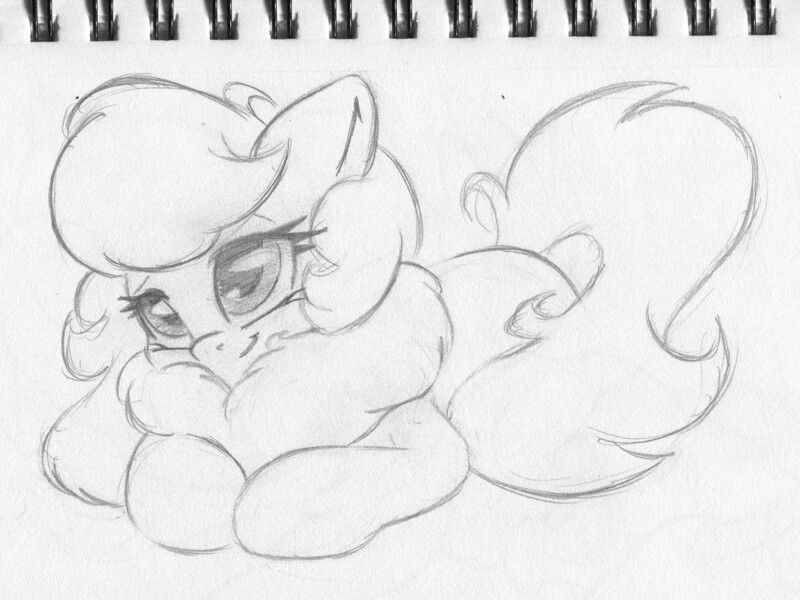 Size: 2007x1505 | Tagged: adorable face, artist:zemer, chest fluff, cute, derpibooru import, female, fluffy, lidded eyes, mare, monochrome, oc, oc:feather belle, pegasus, pencil drawing, prone, safe, solo, traditional art, unofficial characters only