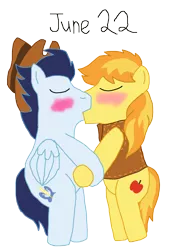 Size: 1280x1875 | Tagged: artist:horroraceman93, braeburn, derpibooru import, gay, hat, holding hooves, kissing, male, safe, shipping, simple background, soarburn, soarin', transparent background