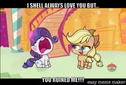 Size: 1104x745 | Tagged: safe, artist:titus16s, derpibooru import, edit, edited screencap, screencap, applejack, rarity, earth pony, pony, unicorn, my little pony: pony life, princess probz, spoiler:pony life s01e01, caption, cowboy hat, duo, excessive exclamation marks, female, hat, image macro, mare, marshmelodrama, meme, misspelling, rarity being rarity, text, treehouse logo, unshorn fetlocks