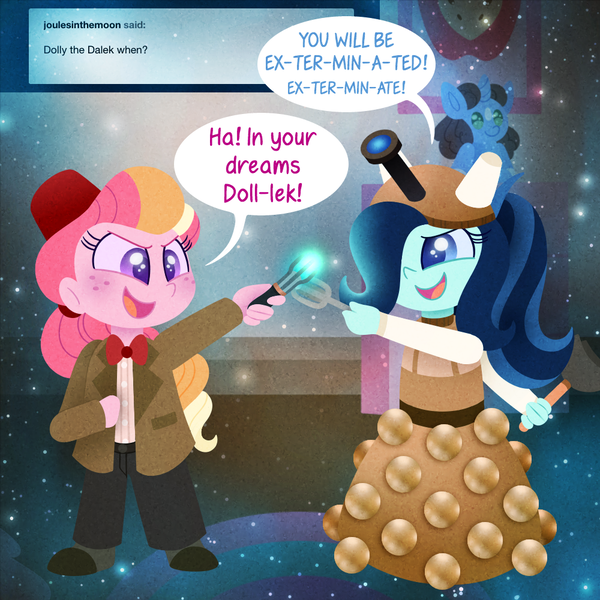 Size: 1000x1000 | Tagged: safe, artist:carouselunique, artist:honeycrisp-tales, derpibooru import, oc, oc:dolly dusk, oc:honeycrisp blossom, unofficial characters only, honeycrisp tales, equestria girls, ask, bowtie, clothes, costume, dalek, doctor who, duo, egg beater, fez, freckles, hat, offspring, parent:big macintosh, parent:chancellor neighsay, parent:princess cadance, parent:sonata dusk, parents:cadmac, parents:neighsaynota, sonic screwdriver, speech bubble