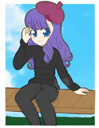 Size: 1750x2250 | Tagged: alternate hairstyle, artist:kittyrosie, beatnik rarity, beret, blushing, clothes, colored pupils, cute, derpibooru import, female, hat, human, humanized, looking at you, raribetes, rarity, safe, sitting, solo, sweater