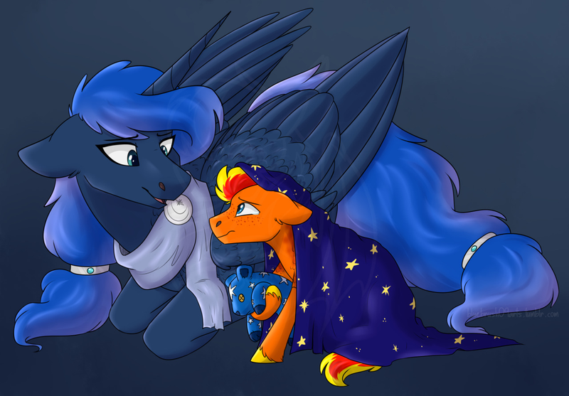 Size: 1280x891 | Tagged: safe, artist:bluebrush09, deleted from derpibooru, derpibooru import, princess luna, oc, oc:fireheart, alicorn, pegasus, pony, adopted offspring, colt, commission, duo, female, foal, gray background, male, mare, maternaluna, motherly love, plushie, simple background, teddy bear, ursa plush, wholesome