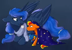Size: 1280x891 | Tagged: safe, artist:bluebrush09, deleted from derpibooru, derpibooru import, princess luna, oc, oc:fireheart, alicorn, pegasus, pony, adopted offspring, colt, commission, duo, female, foal, gray background, male, mare, maternaluna, motherly love, plushie, simple background, teddy bear, ursa plush, wholesome