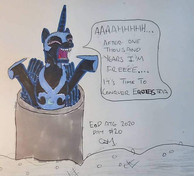 Size: 1816x1643 | Tagged: safe, artist:rapidsnap, derpibooru import, nightmare moon, alicorn, pony, crossover, escape, eyes closed, mighty morphin power rangers, open mouth, rita repulsa, solo, traditional art