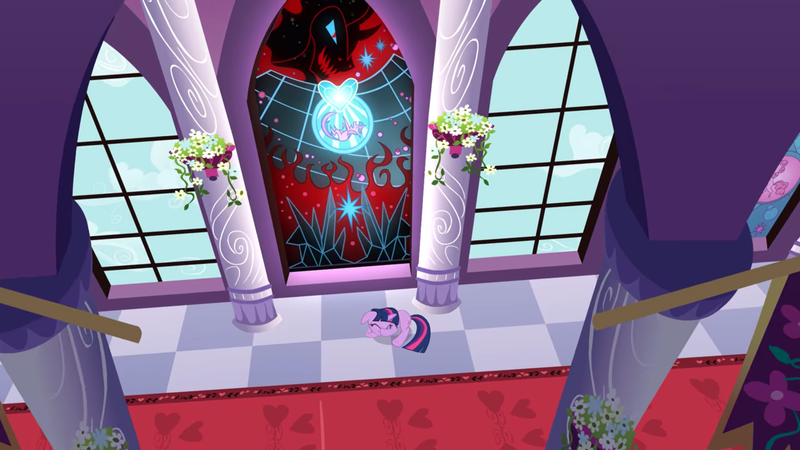 Size: 2000x1125 | Tagged: safe, derpibooru import, screencap, king sombra, twilight sparkle, pony, unicorn, the crystal empire, bad end, bird's eye view, canterlot castle, crystal heart, eyes closed, female, mare, prone, sad, solo, stained glass, the bad guy wins, unicorn twilight, window