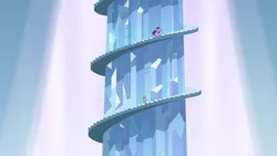 Size: 2000x1125 | Tagged: safe, derpibooru import, screencap, spike, twilight sparkle, dragon, pony, unicorn, the crystal empire, duo, female, king sombra's stair dimension, male, mare, pillar, spiral stairs, stairs, unicorn twilight