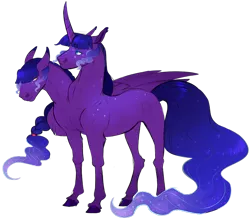 Size: 824x725 | Tagged: alicorn, alicorn oc, artist:vindhov, commission, derpibooru import, ethereal mane, horn, magical lesbian spawn, multiple heads, oc, offspring, one wing, parent:princess luna, parents:twiluna, parent:twilight sparkle, realistic horse legs, safe, simple background, solo, starry mane, transparent background, two heads, unofficial characters only, wings