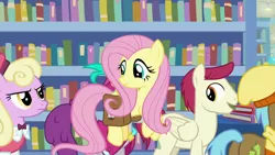 Size: 1920x1080 | Tagged: safe, derpibooru import, screencap, fluttershy, luckette, pinot noir, shiraz, silver berry, sugar maple, earth pony, pegasus, pony, daring doubt, background pony, bag, female, flying, friendship student, male, mare, saddle bag, stallion