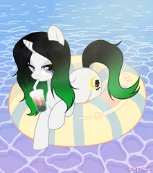 Size: 1800x2040 | Tagged: safe, artist:kim0508, derpibooru import, oc, oc:vex vixen, unofficial characters only, pony, unicorn, black rose, boba, bubble tea, drinking, drinking straw, female, floating, floaty, inner tube, looking at you, mare, moon, solo, water